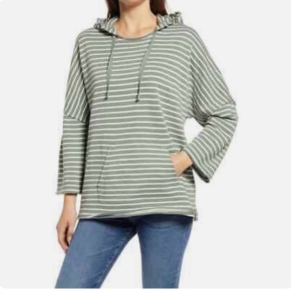 Caslon  Green Ivory Stripe Easy Terry Hoodie NWT Size Small - Picture 1 of 9
